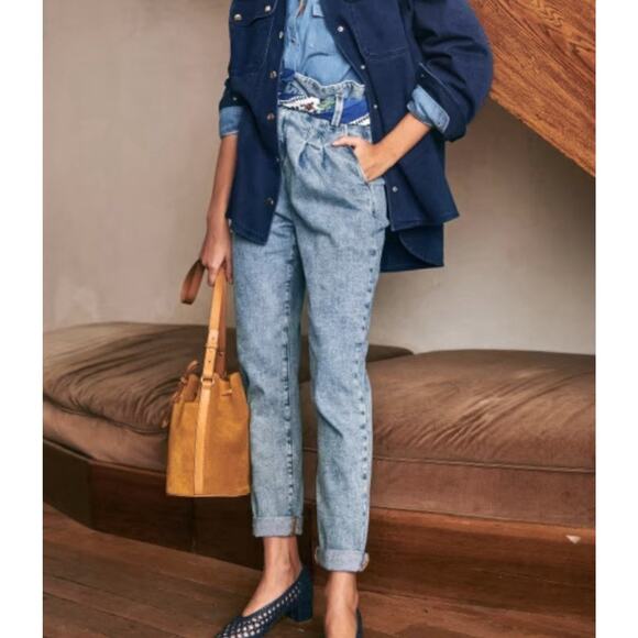 Sezane Austin Paperbag Jeans Womens Size L - 40 Blue Bleached Denim High Waist - Picture 1 of 7